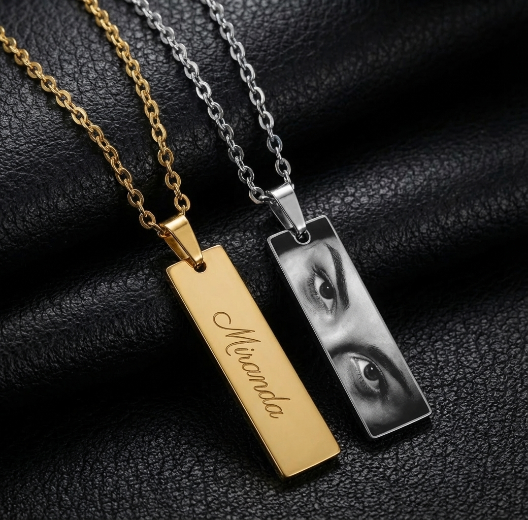 Goxijite Engrave Color Eyes Picture Necklace Thick Chain Stainless Steel Glossy Bar Custom Pendant Men Women Commemorative Gift